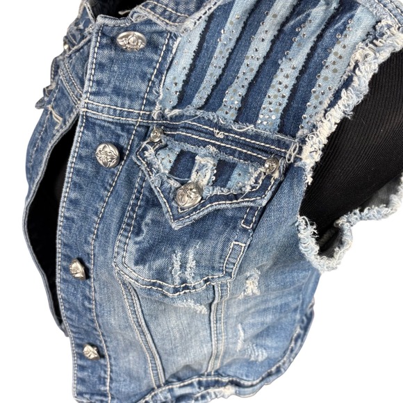 Miss Me Y2K Rhinestone American Flag Distressed Denim Vest Med Festival Cowgirl - Picture 4 of 14